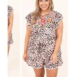 Savanna Jane Embroidered Leopard Print Romper Womens Medium Boho Festival Outfit